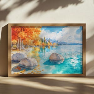 Lake Tahoe Painting, Turquoise Water Reflection Wall Art, California Autumn Fall Foliage, Sierra Nevada Mountain Forest Nature Landscape Art