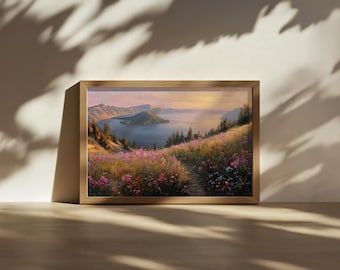 Crater Lake National Park Painting, Wizard Island Nature Wall Art, Oregon Spring Wildflower Artwork, Pacific Northwest Sunset Landscape Art