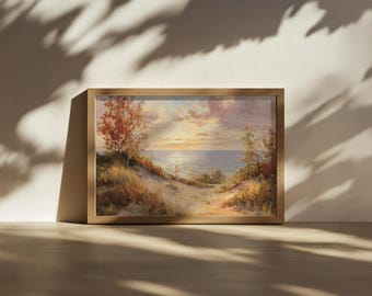 Peinture coucher de soleil sur le lac Michigan, art mural des Grands Lacs d'Amérique du Nord, oeuvre d'art feuillage automne automne du Michigan, impression paysage Nature forêt
