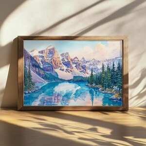 Printable Moraine Lake Painting, Banff National Park Wall Art, Canada Summer Rocky Mountain Artwork, Forest Sunrise Reflection Nature Print
