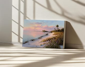 Florida Keys Canvas, Key West Spring Wildflower Wall Art, Atlantic Ocean Tropical Island Sunrise Artwork, Beach Palm Tree Landscape Painting