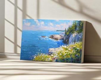 Acadia National Park Canvas, East Atlantic Ocean Coastal Wall Art, Maine Spring Wildflower, Rocky Shoreline Forest Nature Landscape Painting