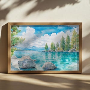 Lake Tahoe Painting, Turquoise Water Reflection Wall Art, California Sierra Nevada Summer, Lakeside Mountain Forest Nature Landscape Print