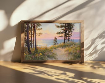 Printable Lake Michigan Painting, Great Lakes of North American Wall Art, Michigan Spring Wildflower Artwork, Forest Sunrise Nature Print