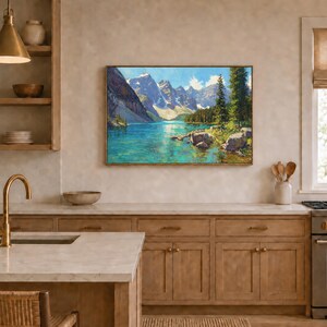 Dipinto del lago Moraine, opera d'arte murale del Parco nazionale di Banff, opera d'arte estiva sulle montagne rocciose canadesi, stampa di paesaggi naturali con acque turchesi del Canada immagine 8