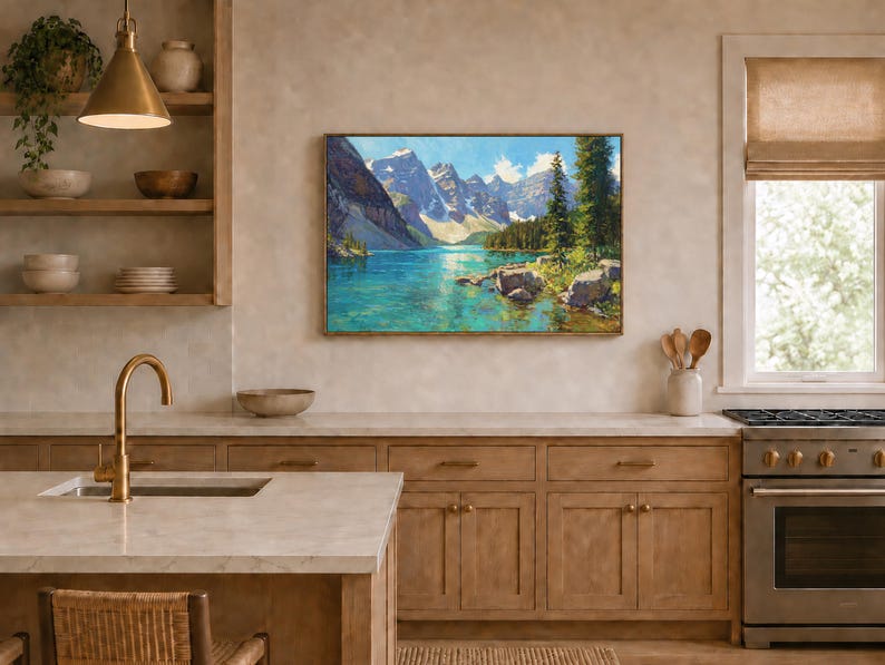 Dipinto del lago Moraine, opera d'arte murale del Parco nazionale di Banff, opera d'arte estiva sulle montagne rocciose canadesi, stampa di paesaggi naturali con acque turchesi del Canada immagine 8