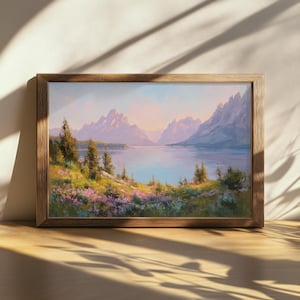Druckbare Jenny Lake Gemälde, Grand Teton National Park Wandkunst, Wyoming Frühling Wildblumen Sonnenaufgang Kunstwerk, Bergwald Naturdruck