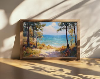 Peinture imprimable du lac Michigan, art mural des Grands Lacs d'Amérique du Nord, oeuvre d'art feuillage automne automne Michigan, impression de la nature forêt au bord du lac
