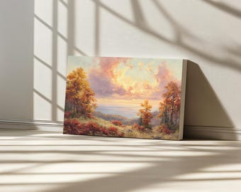 Toile du lever du soleil sur le lac Michigan, art mural des Grands Lacs d'Amérique du Nord, oeuvre d'art feuillage automne automne du Michigan, peinture de paysage Nature forêt