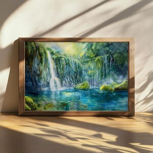 Afdrukbare schilderij van Mossbrae Falls, muurdecoratie met moswaterval, kunstwerk voor de Californische zomer en lente, natuurprint met weerspiegeling in een mosbosmeer