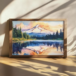 Printable Mount Hood Painting, Mirror Lake Sunset Wall Art, Oregon Summer Mountain Artwork, Pacific Northwest Forest, Nature Landscape Print