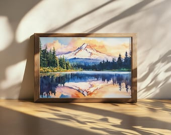 Dipinto stampabile del Monte Hood, tramonto sul lago Mirror, opera d'arte sulle montagne dell'Oregon, foresta del Pacifico nord-occidentale, stampa di paesaggi naturali