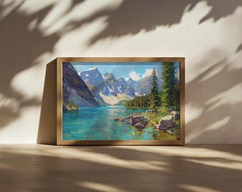 Moraine Lake Painting, Banff National Park Wall Art, Canadian Rockies Summer Mountain Artwork, Canada Turquoise Water Nature Landscape Print