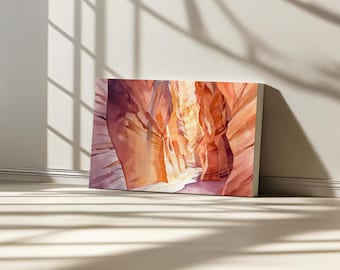 Antelope Canyon Canvas, Desert Sandstone Wall Art, Arizona Summer Navajo Hiking Artwork, Southwestern Red Rock Mountain Landscape Painting