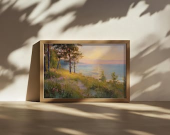Lake Michigan Painting, Great Lakes of North American Wall Art, Michigan Spring Wildflower Artwork, Forest Sunset Nature Landscape Print