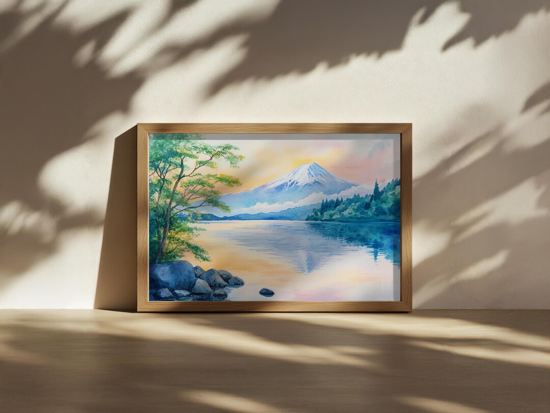 河口湖の絵画、富士山の水面反射の壁画、日本の夏の夕焼けのアート