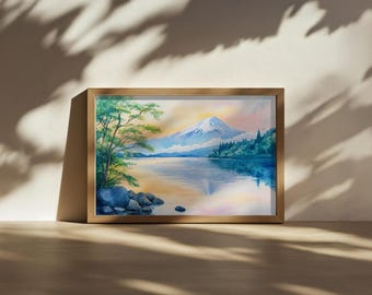河口湖の絵画、富士山の水面反射の壁画、日本の夏の夕焼けのアート
