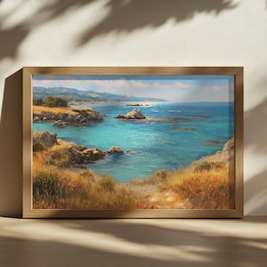 Schilderij Point Lobos, Californië klaprozen natuur muurkunst, Monterey Peninsula Bay landschapskunstwerk, Stille Oceaan kust zomer zeegezicht kunst