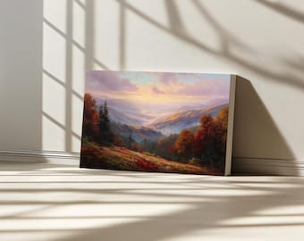 Great Smoky Mountain National Park Canvas, North Carolina Blue Ridge Sunrise Wall Art, Tennessee Appalachian Autumn Fall Foliage Painting