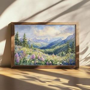 Printable Rocky Mountain National Park Painting, Rocky Mountains Range Wall Art, Colorado Spring Wildflower Artwork, Forest Nature Landscape