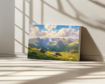 Rocky Mountain National Park Canvas, Rockies Range Wall Art, Colorado Summer Alpine Meadow Artwork, Forest Peak Nature Landscape Painting