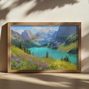 Grinnell Lake Painting, Glacier National Park Wall Art, Montana Rockies Spring Wildflower Art, Rocky Mountain Forest Nature Landscape Print