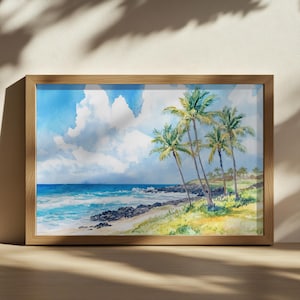 Big Island Painting, Hawaii Coastal Ocean Wall Art, Hawaiian Summer Beach Artwork, Island Palm Tree Nature Print, Volcanic Black Rock Shore
