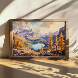 Peinture imprimable coucher de soleil sur le parc national Yoho, art mural lac O'Hara, belle toile ciel nuageux, oeuvre d'art feuillage d'automne de la forêt des montagnes du Canada