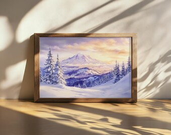 Afdrukbaar schilderij Mount Rainier National Park, kunst aan de muur trapsgewijs bereik, Washington wintersneeuwkunstwerk, bergbos zonsopgang natuurprint