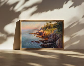 Acadia National Park Painting, East Atlantic Ocean Coast Wall Art, Maine Summer Sunrise Artwork, Rocky Shore Forest Nature Landscape Print