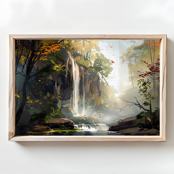Printable Tranquil Forest Painting | Japandi Waterfall Wall Art | Vintage Fall Foliage Prints | Japanese Landscape Oil Painting Artwork
