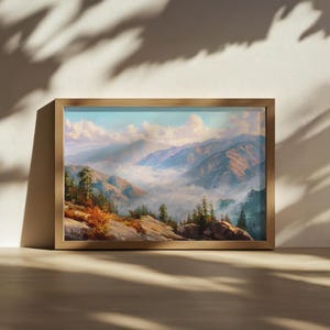 Sequoia National Park Painting, Moro Rock Summit Wall Art, California Summer Mountain Artwork, Kings Canyon Sea Cloud Nature Landscape Print
