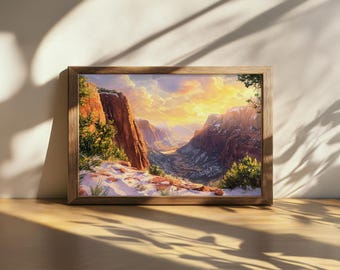 Printable Angels Landing Painting, Zion National Park Wall Art, Utah Spring Snow Mountain Artwork, Red Rock Canyon Sunset Landscape Print
