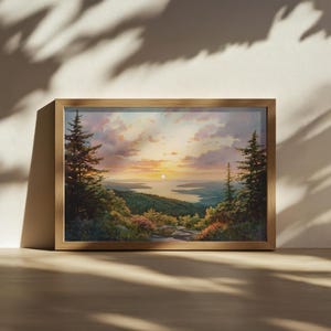 河口湖の絵画、富士山の水面反射の壁画、日本の夏の夕焼けのアート
