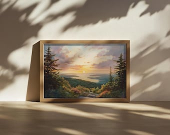 Cadillac Mountain Painting, Acadia National Park Sunset Wall Art, Maine Summer Mountain Forest Artwork, Appalachian Coastal Ocean Sunset Art