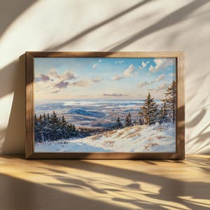 Pintura imprimible del Parque Nacional Acadia, arte mural de la montaña Cadillac de Maine, hermoso lienzo con nubes de nieve, obra de arte nevada en el bosque de los Apalaches