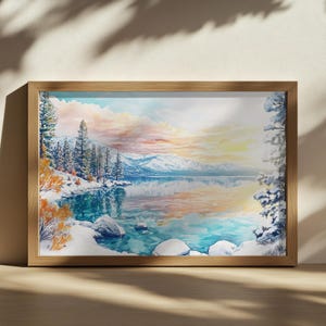 Lake Tahoe Sunrise Painting, Turquoise Water Reflection Wall Art, California Winter Snow Artwork, Mountain Forest Nature Landscape Art Print