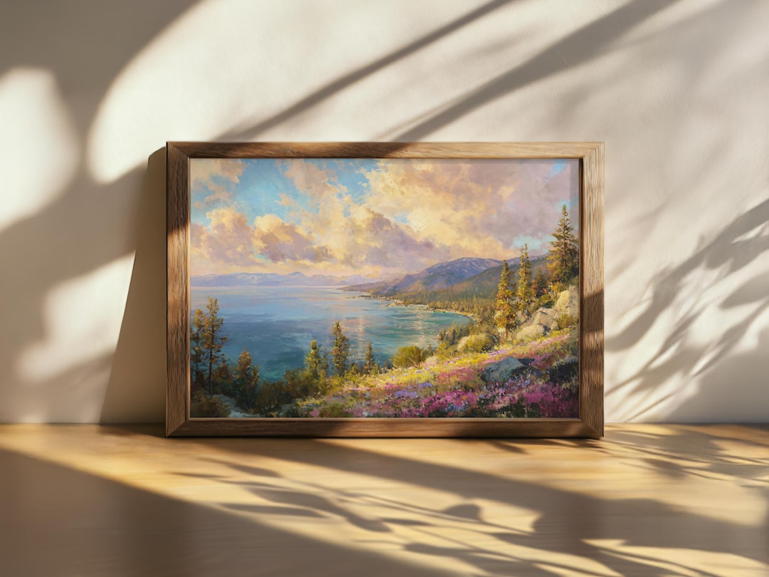 Printable Lake Tahoe Sunrise Painting, Emerald Bay State Park Wall Art, California Spring Wildflower Art, Mountain Forest Turquoise Water