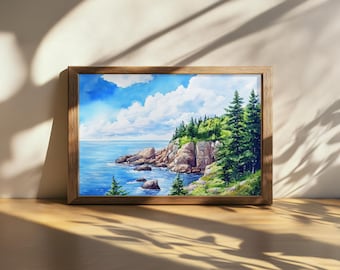 Printable Acadia National Park Painting, East Atlantic Coast Ocean Wall Art, Maine Summer Seascape Artwork, Coastal Forest Nature Landscape