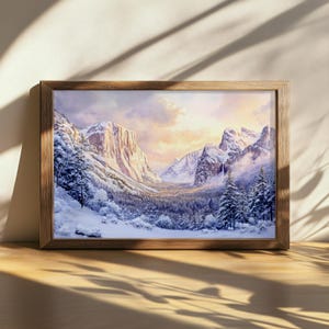 Pintura de pôr do sol no Parque Nacional de Yosemite para impressão, arte de parede com vista para o túnel da Califórnia, tela com um lindo céu nublado, arte de floresta com montanhas nevadas