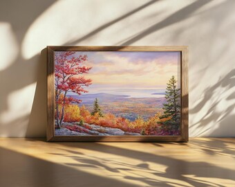 Printable Cadillac Mountain Painting, Acadia National Park Wall Art, Maine Autumn Fall Foliage Artwork, Appalachian Forest Nature Sunrise