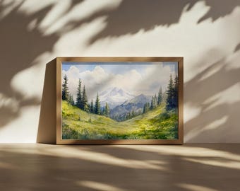 Mount Rainier National Park Painting, Pacific Northwest Wall Art, Washington Summer Hiking Artwork, Mountain Forest Nature Landscape Print