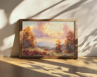 Peinture imprimable du lever du soleil sur le lac Michigan, art mural des Grands Lacs d'Amérique du Nord, oeuvre d'art feuillage automne automne du Michigan, art du paysage forestier