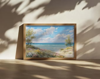 Lake Michigan Painting, Great Lakes of North American Wall Art, Michigan Spring Wildflower Artwork, Forest Lake Nature Landscape Art Print