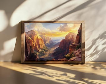 Printable Angels Landing Painting, Zion National Park Wall Art, Utah Summer Valley Sunset Artwork, Southwest Red Rock Mountain Nature Print