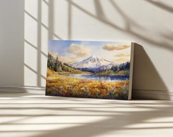 Mount Rainier Nationalpark Leinwand, Sommer Wildblumen Wandkunst, Washington Pazifischer Nordwesten Kunst, Bergwald Sonnenuntergang Landschaftsmalerei