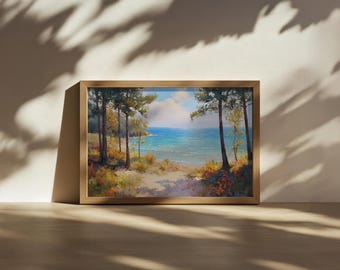 Peinture sur le lac Michigan, art mural des Grands Lacs d'Amérique du Nord, oeuvre d'art feuillage automne automne Michigan, impression paysage nature forêt au bord du lac