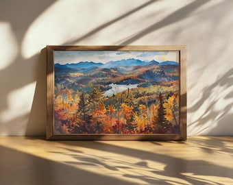 Dipinto stampabile delle montagne Adirondack, decorazione murale delle alte vette degli Adirondack, opera d'arte con fogliame autunnale di New York, paesaggio naturale del lago nella foresta