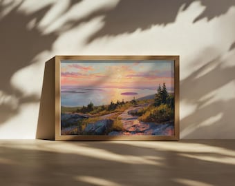 Mount Cadillac Painting, Acadia National Park Wall Art, Maine Summer Mountain Sunrise Artwork, Atlantic Ocean Coastal Nature Landscape Print