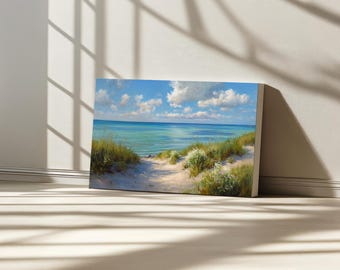 Lake Michigan Canvas, Great Lakes of North American Wall Art, Michigan Spring Wildflower Artwork, Sand Dune Shoreline Landscape Painting